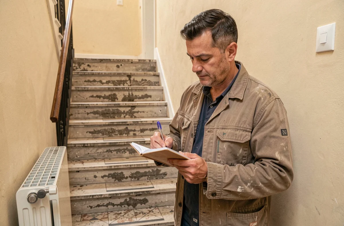 Artisan chauffagiste Frédéric Picasso notant un rapport d'intervention dans une cage d'escalier marseillaise
