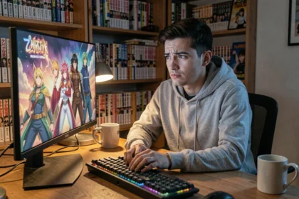 Jeune homme regardant des animes en ligne sur son ordinateur avec une expression préoccupée concernant la sécurité du site Adkimi
