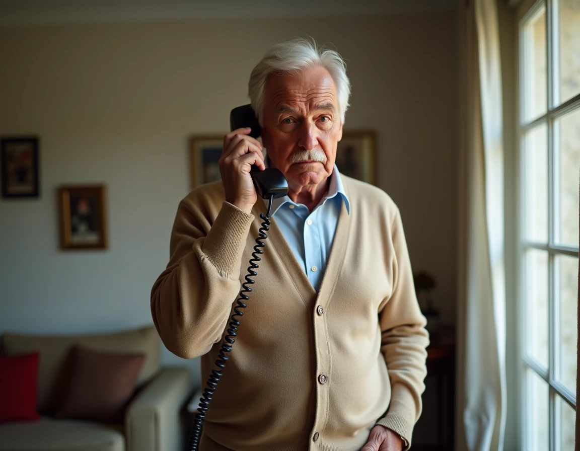 Senior recevant un appel téléphonique agressif sur un téléphone fixe et cherchant comment signaler le numéro harceleur