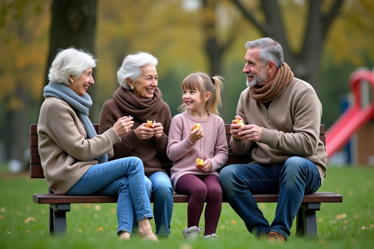 Femmes âgées et père avec fille sur un banc de parc
