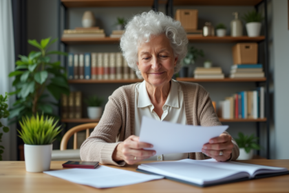 Femme senior souriante triant ses papiers de retraite