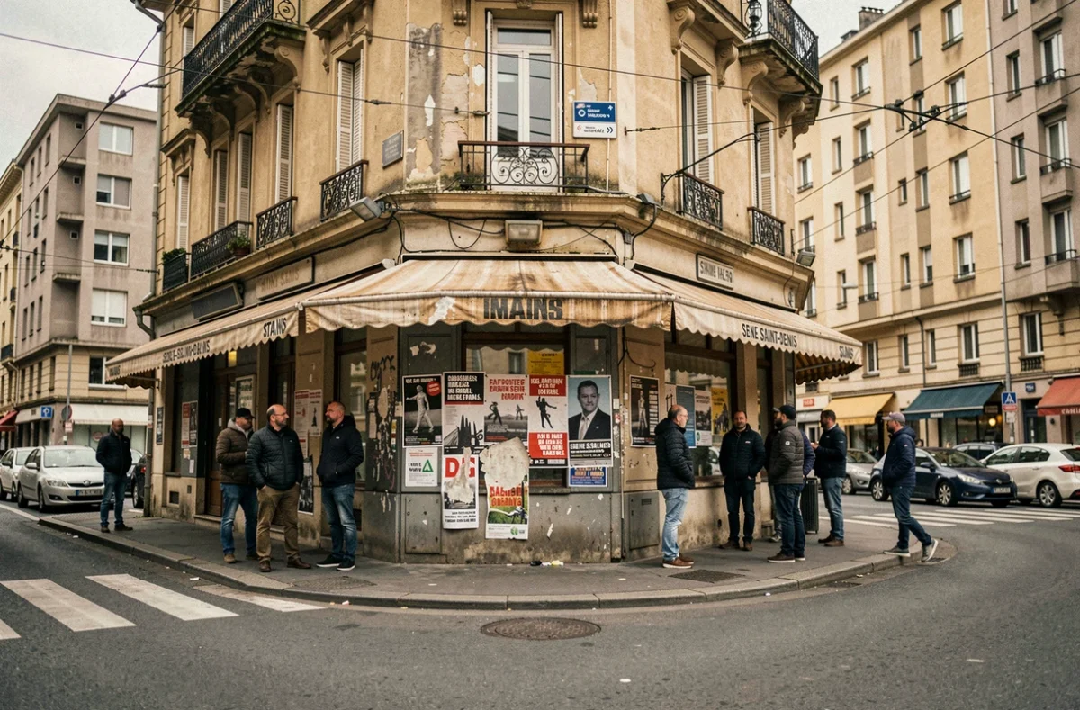 Carrefour urbain de Stains en Seine-Saint-Denis avec café de quartier, riverains et câbles de tramway, illustrant le poids du 93