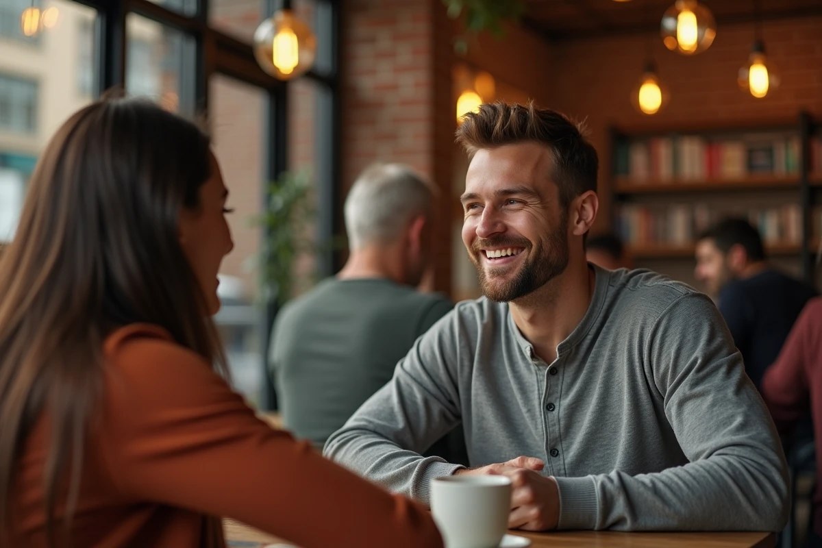 Couple complice dans un café, homme souriant recevant un surnom tendre de sa partenaire