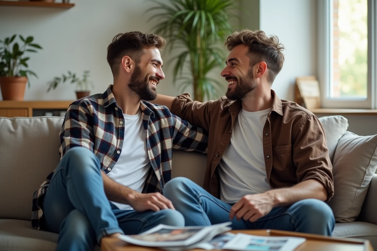 Deux amis riant sur un canapé, moment de connivence autour d'un surnom masculin affectueux