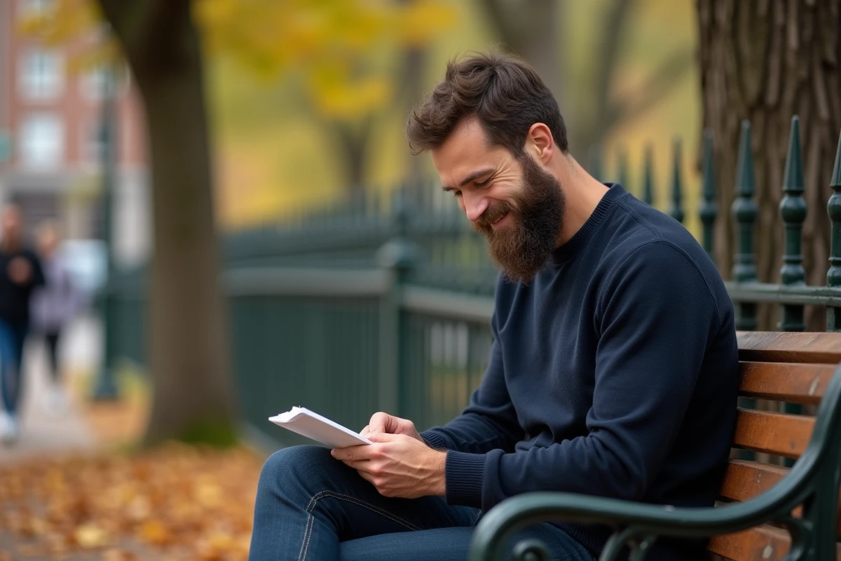 Homme barbu dans un parc automnal lisant un message tendre sur un banc en bois