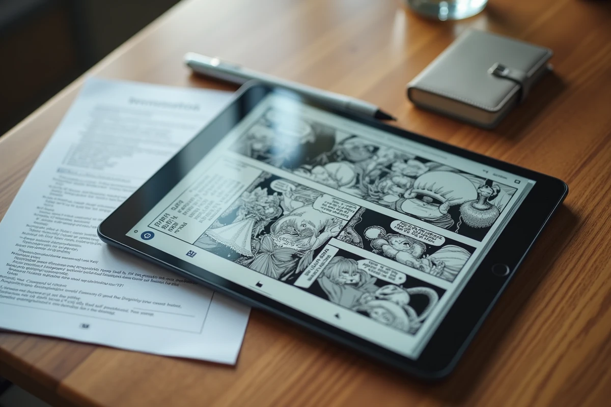 Tablette affichant un site de scan manga gratuit posée à côté d'un document légal, symbolisant les limites juridiques du piratage manga