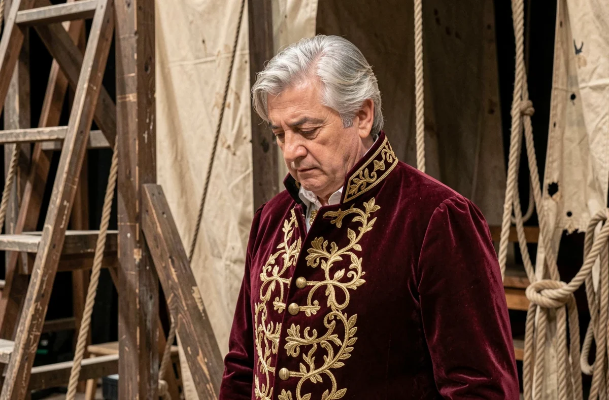 Ténor d'opéra en costume historique brodé dans les coulisses d'un théâtre lyrique avant une représentation