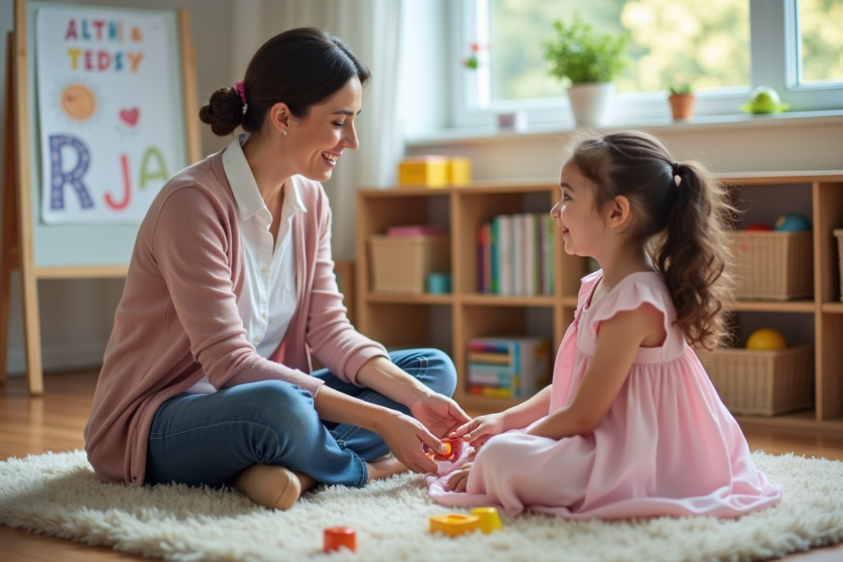 Orthophoniste aide une petite fille à prononcer le R