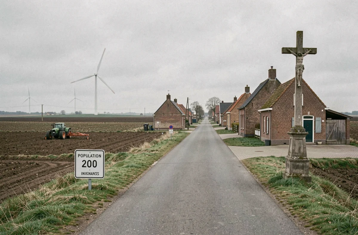 Minuscule village de Thun-l'Évêque dans le Nord avec maisons en brique et éolienne lointaine, illustrant le biais de dénominateur dans les statistiques