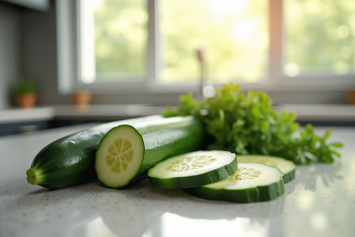 Tranches de concombre et zucchini frais sur un plan de travail