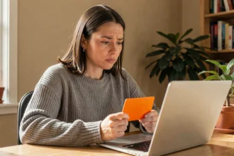 Femme tenant une carte cadeau Illicado devant un ordinateur portable pour effectuer un achat en ligne sur Amazon