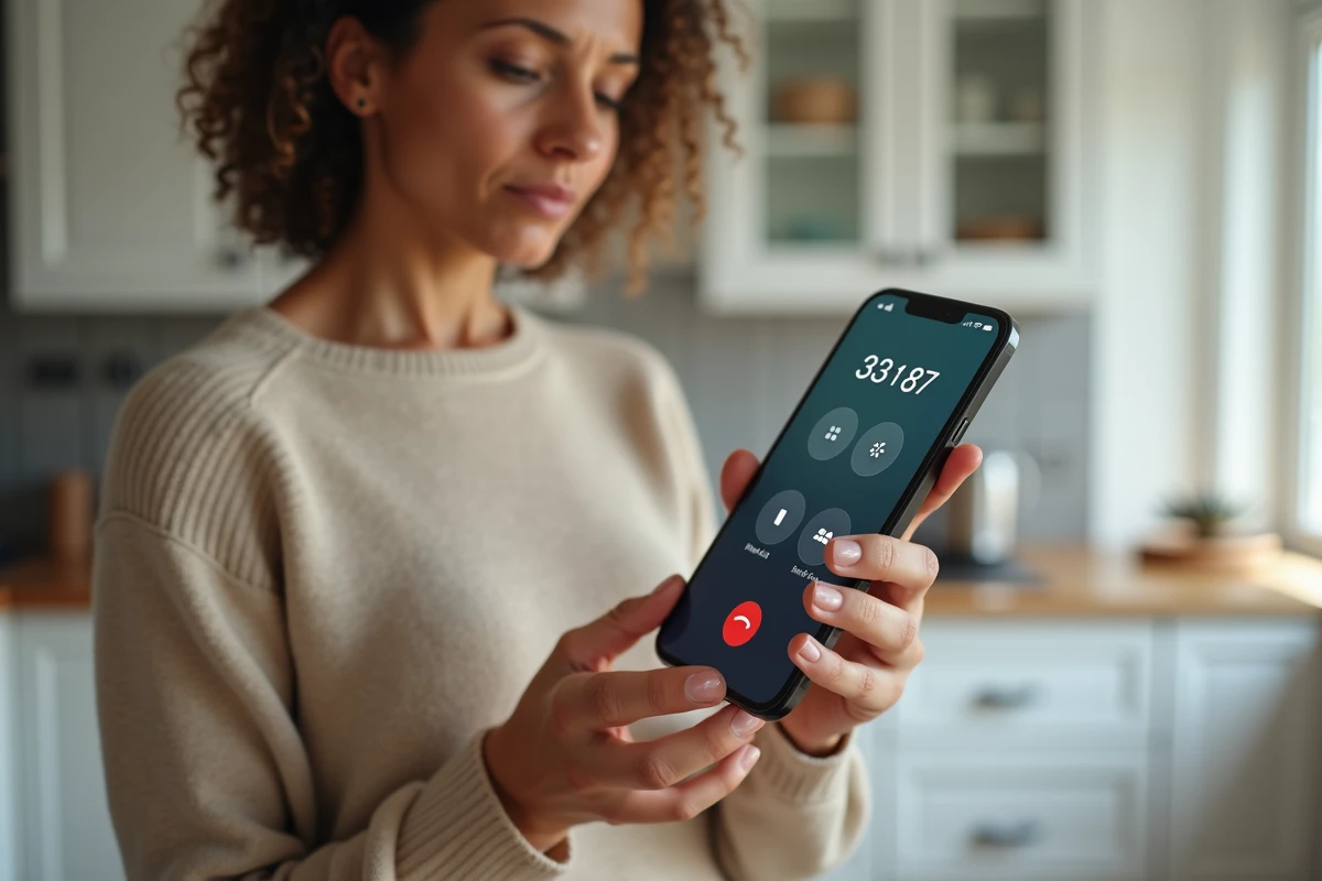 Femme vérifiant un appel téléphonique d'un numéro Amazon sur son smartphone dans une cuisine