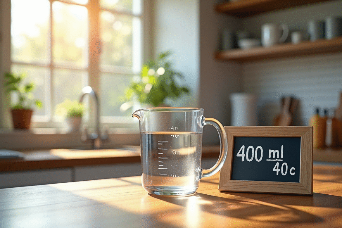 Verre mesureur rempli de 400 ml d'eau sur un plan de cuisine en bois