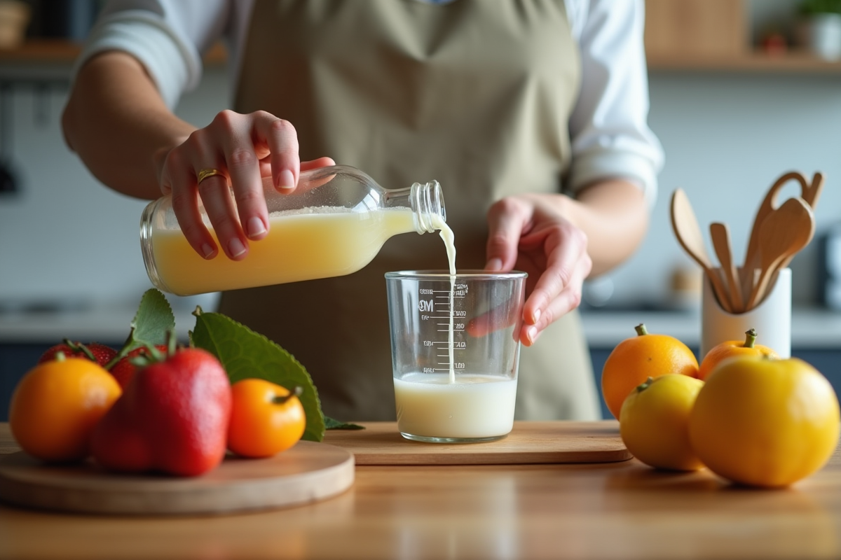 Mains versant un liquide dans un verre mesureur sur une table moderne