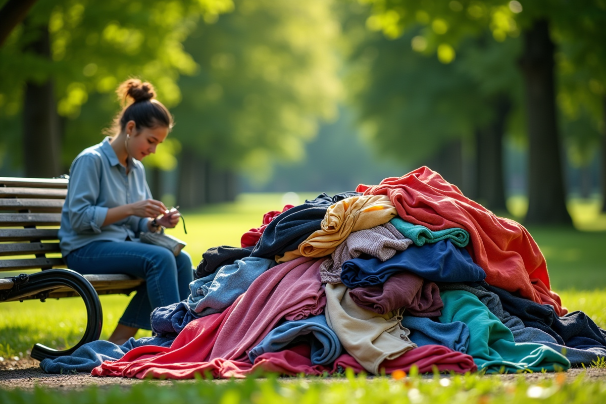 Vêtements fast fashion jetés et personne réparant un vêtement