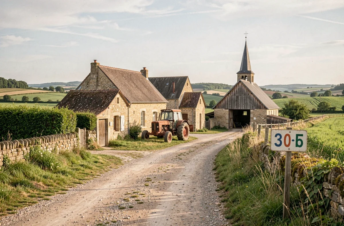Minuscule village de Vieure dans l'Allier avec fermes en pierre et panneau de population, illustrant une anomalie statistique rurale