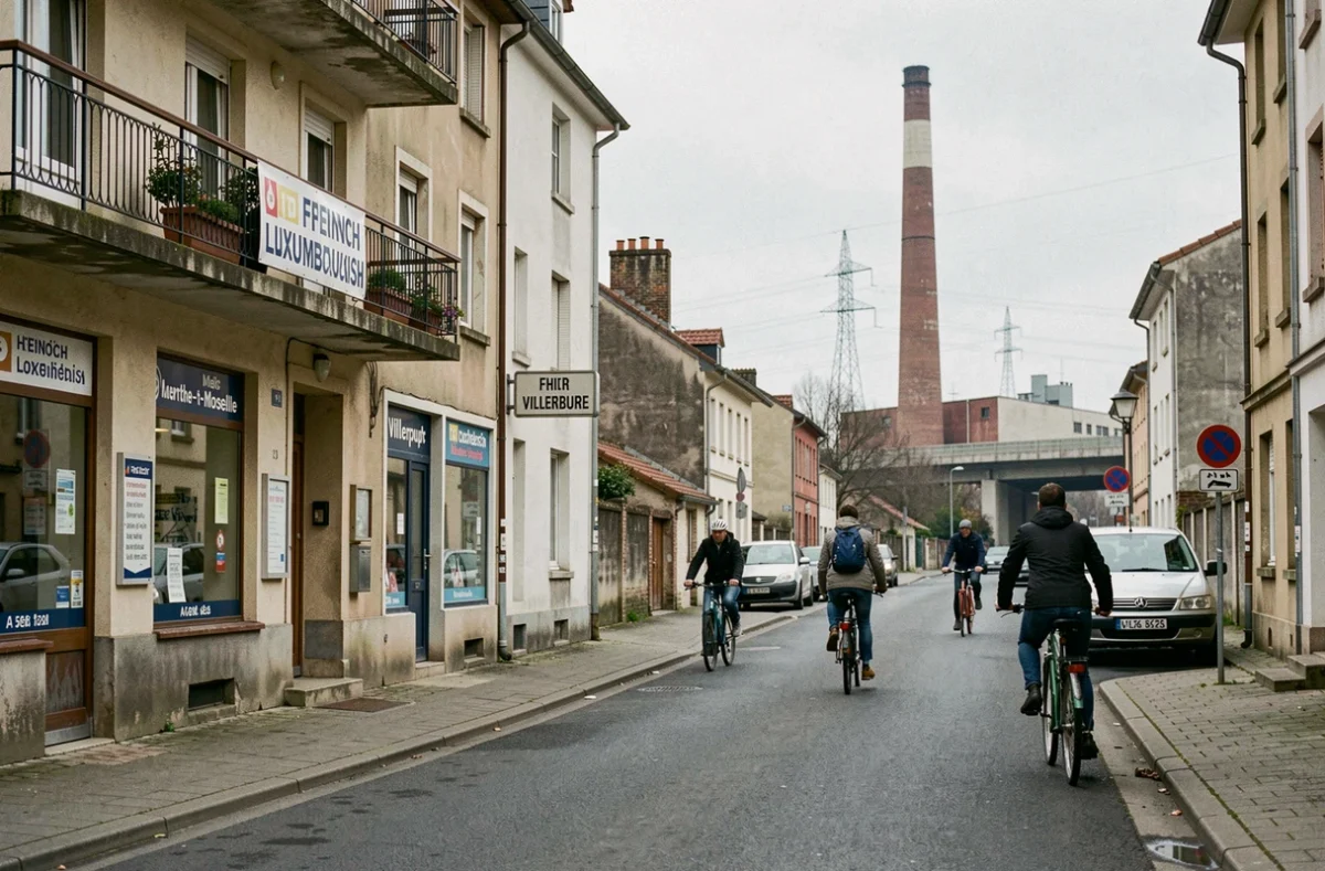 Rue de Villerupt en Meurthe-et-Moselle avec maisons ouvrières et frontaliers en vélo, illustrant la proximité de la frontière luxembourgeoise